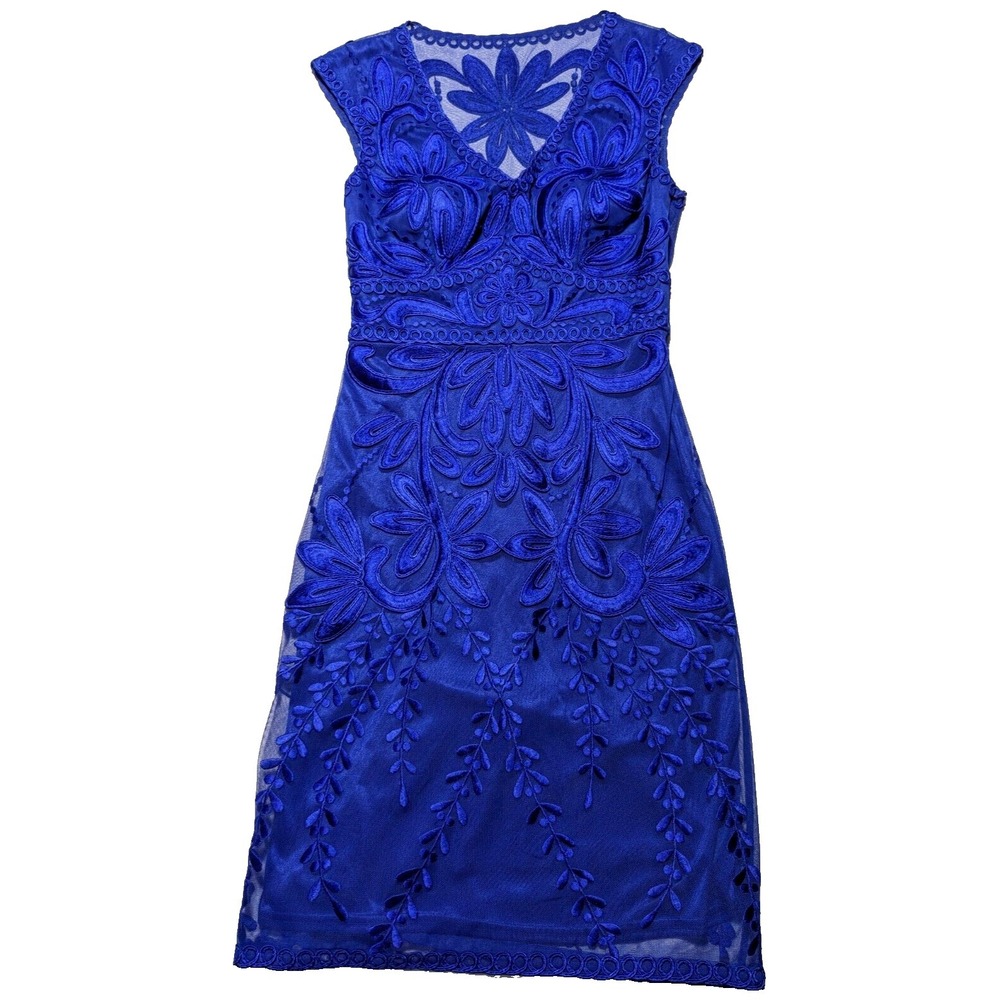 SUE WONG‎ Women Size 2 Blue Nylon Embroidered Floral Lined Cocktail Dress EUC